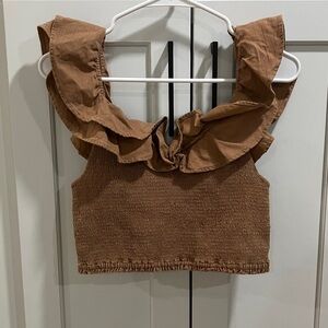 Maeve By Anthropologie Women's Brown Ribbed Smocked Ruffled Cropped Tank Top
